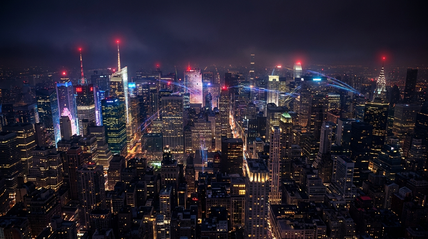 American city skyline at night, AGONIX deployed worldwide